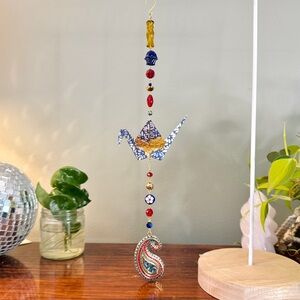 Origami Ornament #2374 - Large Crane with Large Paisley Pendant